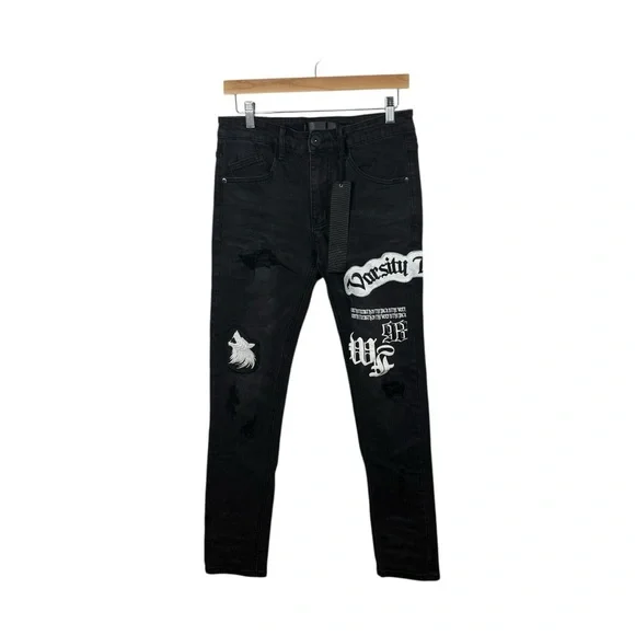 NWT KDNK Men’s Varsity Patched Grunge Jeans in Black/White Size 30
